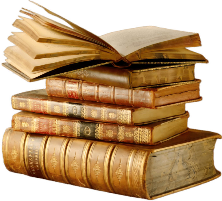 Розкрита книга лежить на стопці інших книг, які оздоблені золотими тисненнями на корінцях