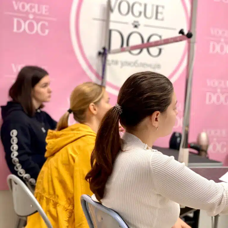 Три дівчини сидять на стільцях перед грумерськими столами, які прилягають до рожевої стіни з логотипом