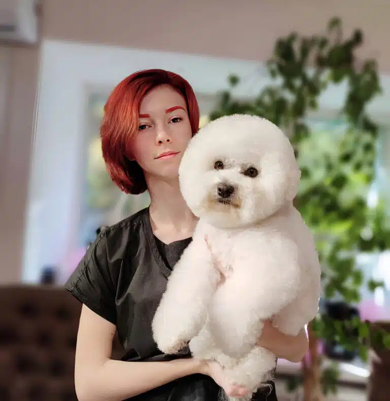 Дівчина з червоним волоссям та такими ж бровами тримає в руках білого бішона з круглою головою