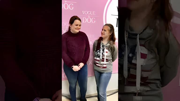 Дві дівчини сором'язливо стоять біля рожевої стіни з написами бренду