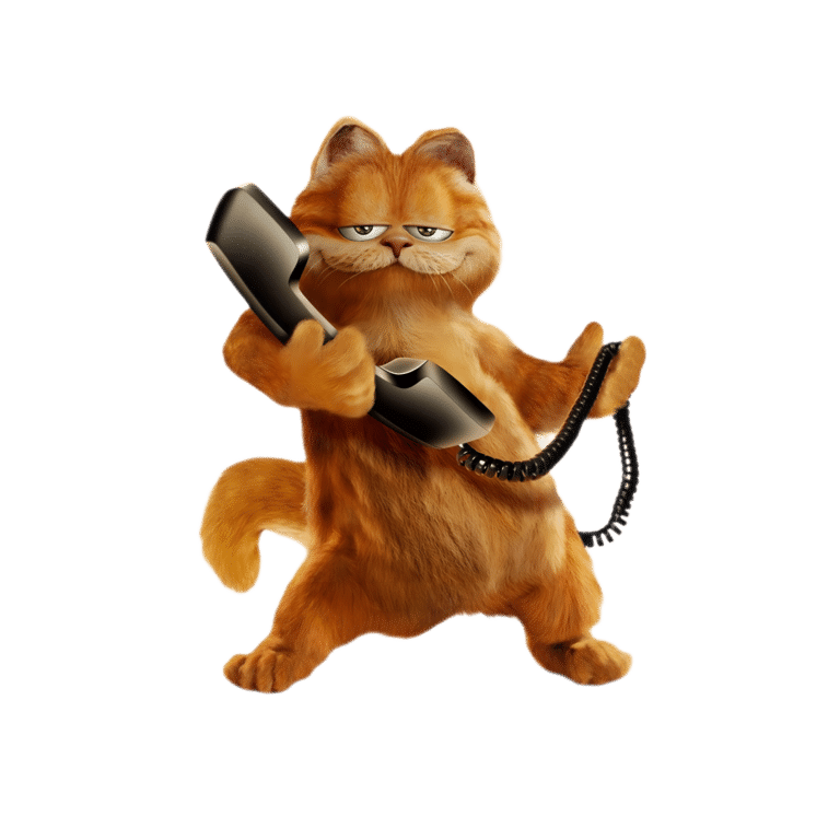 Рудий кіт стоїть на задніх лапах та тримає чорну слухавку провідного телефона