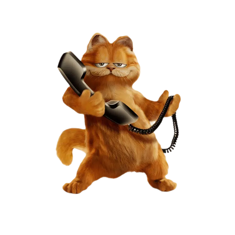 Рудий кіт стоїть на задніх лапах та тримає чорну слухавку провідного телефона