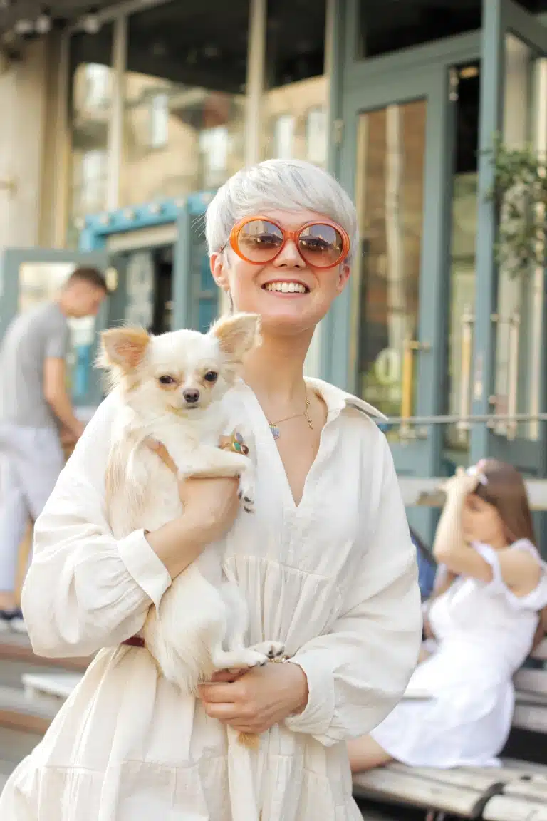 Кремовий чихуахуа в руках дівчини, яка вдягла світлу сукню та помаранчеві окуляри