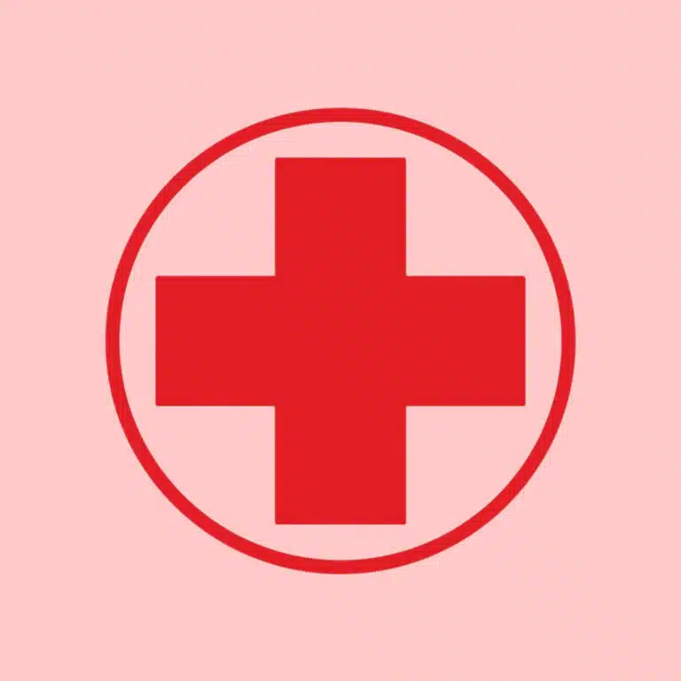 На рожевому фоні червоне коло з хрестом всередині