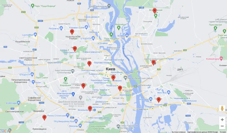 Червоні прапорці в місцях розташування салонів по м. Києву