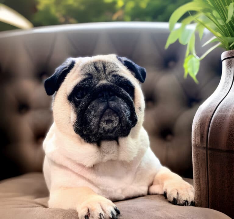 Мопс з чорною мордочкою лежить на м'якому дивані біля вази з зеленою рослиною