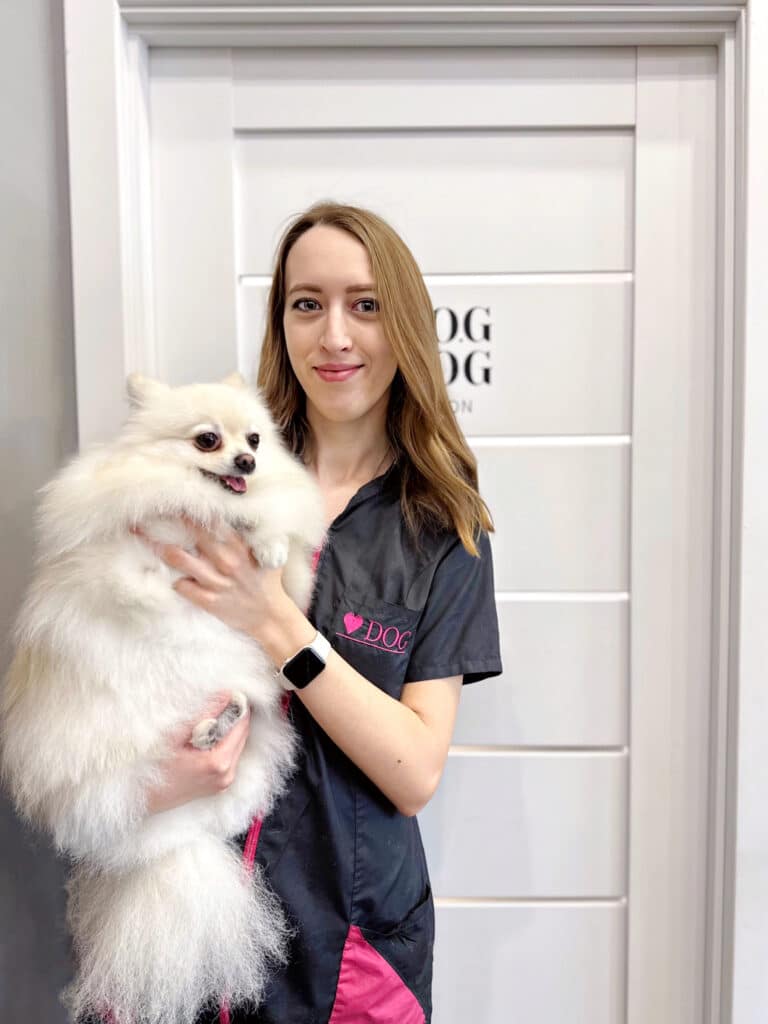 Грумер в чорно-рожевій формі тримає білого пухнастого шпіца на руках перед дверима в грумерську