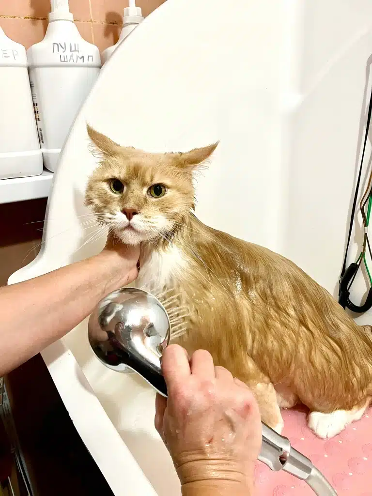 Грумер притримує рудого кота з білою грудкою у ванні, щоб намочити шерсть з душової лійки