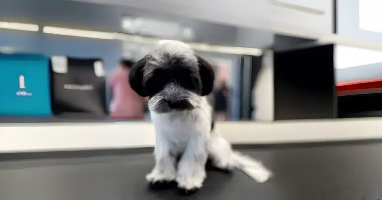 Бівер-йорк чорно-білого кольору нахилив голову до столу перед великим дзеркалом