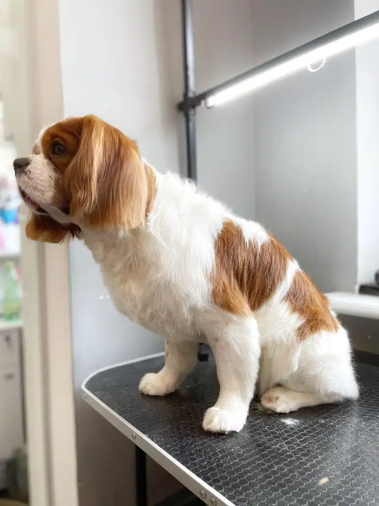 Кавалер кінг чарльз спанієль на лівому боці та передній лапі має з коричневої шерсті серце