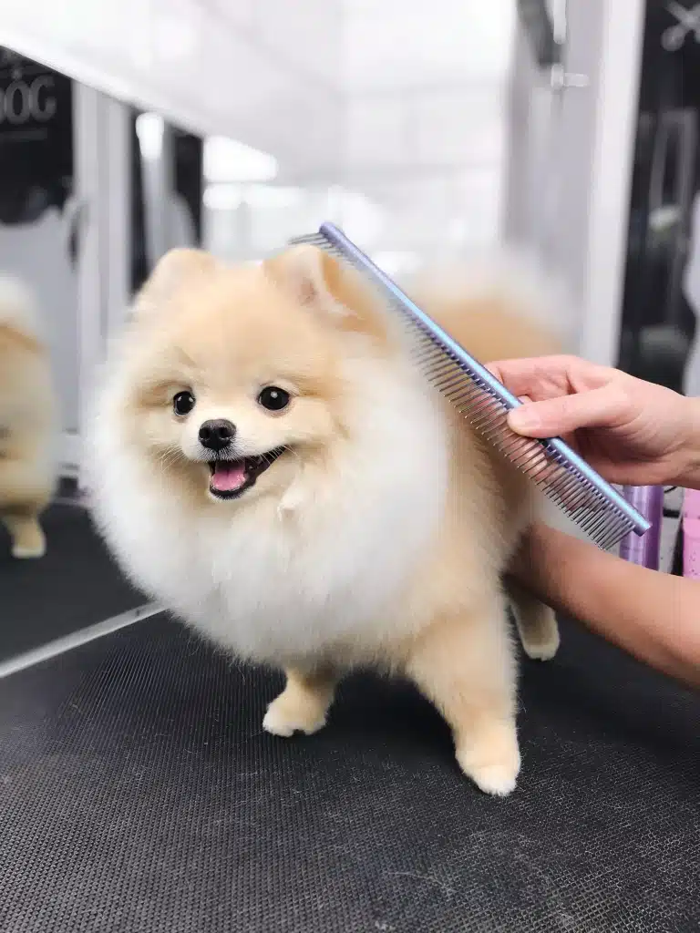 Грумер блакитним гребінцем розчісує шерсть шпіца на лівому боці