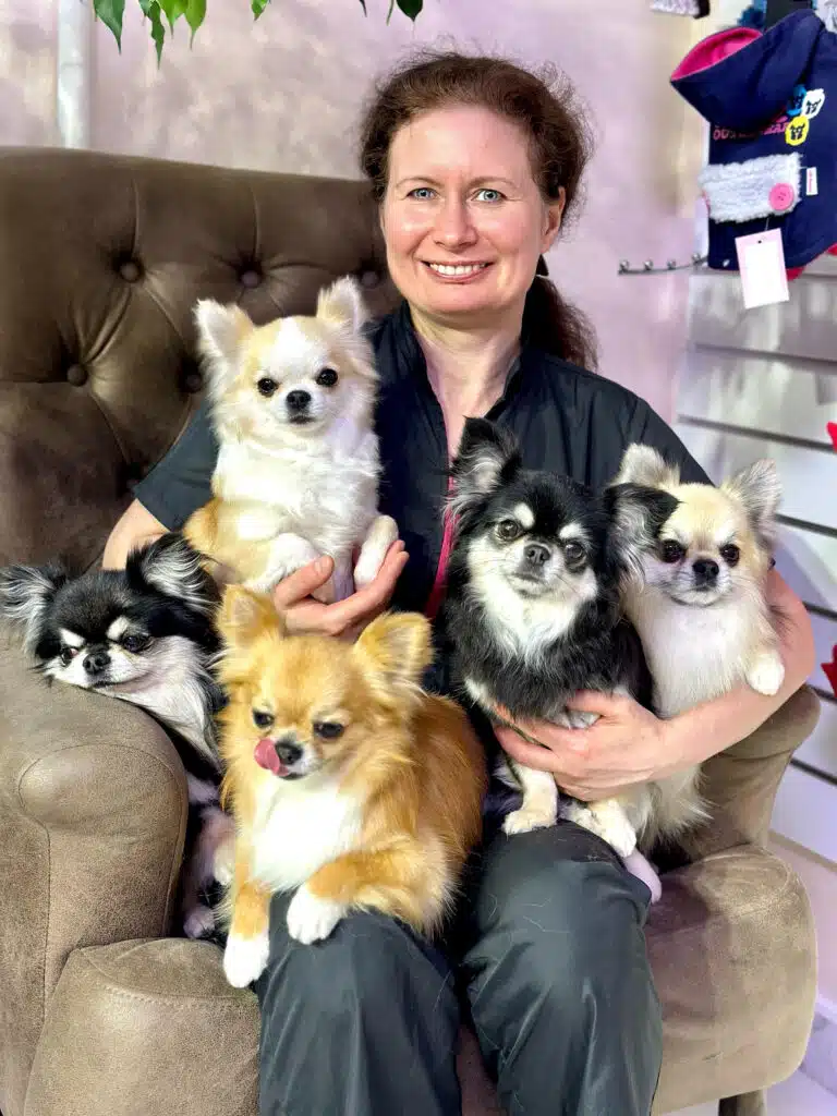 Жінка з підібраним волоссям сидить в грумерській формі в оточенні п'яти підстрижених чихів