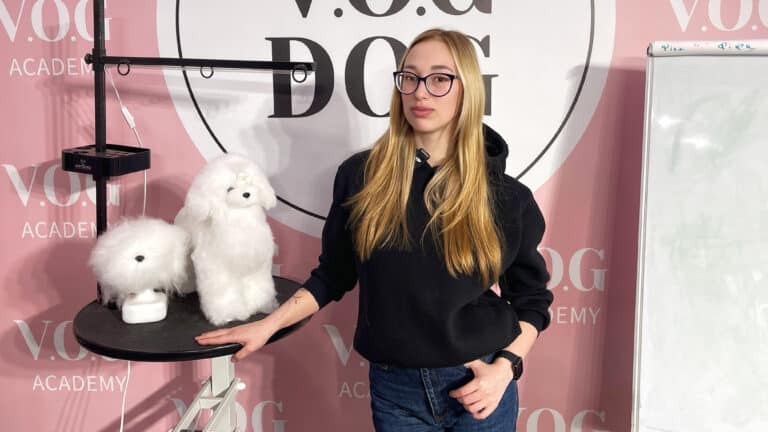 Дівчина в чорних окулярах поклала руку на круглий стіл з іграшковими собаками