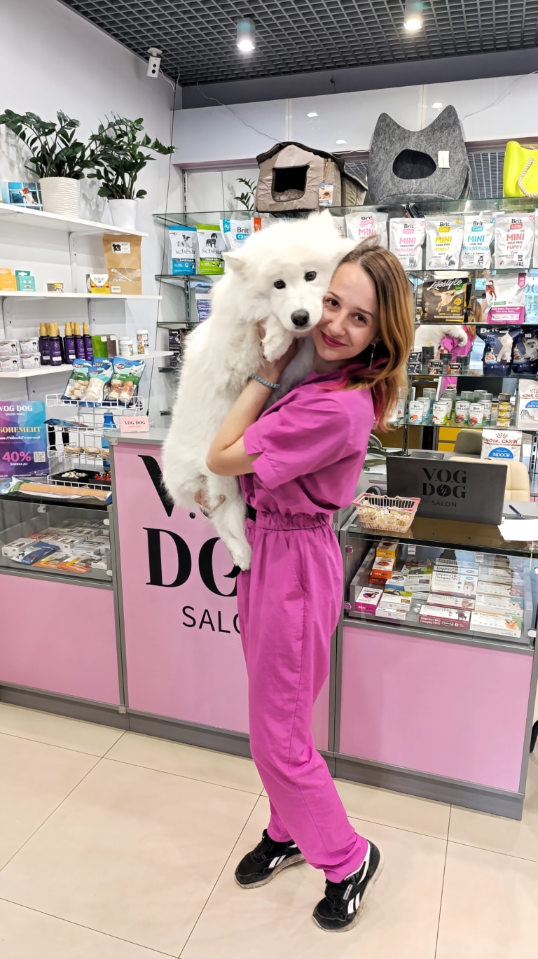 Грумер в рожевій формі тримає на руках улюбленого самоїда