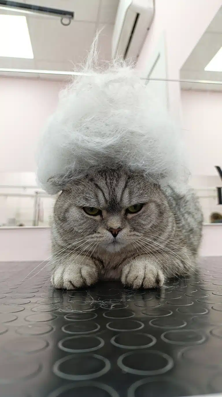 Невдоволена кішка з купою вичесаної шерсті на голові