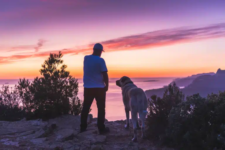 Власник у кепці щось розповідає кангалу на фоні неперевершеного заходу сонця