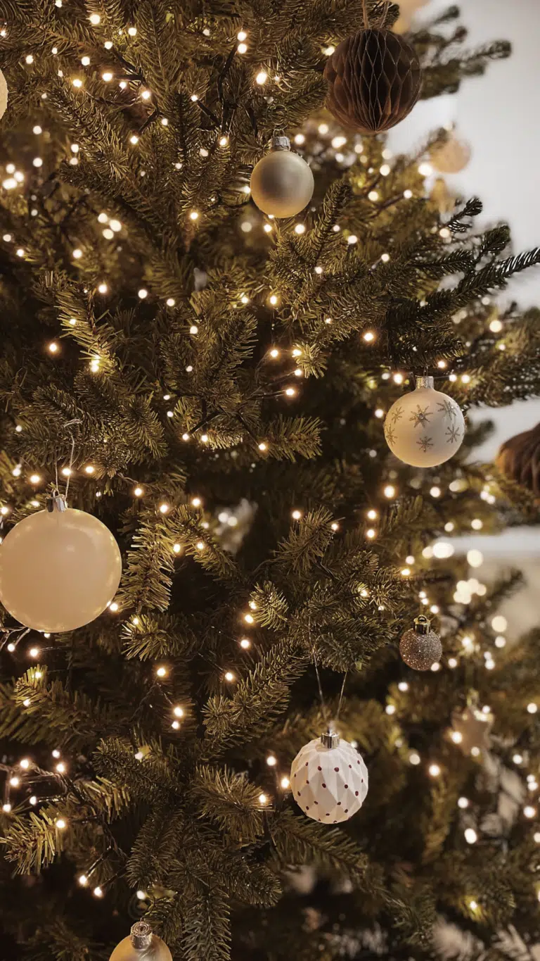 Різдвяна ялинка з золотою гірляндою та світлими іграшками