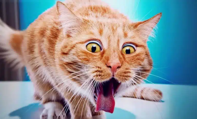 Кіт рудого окрасу активно працює над тим, щоб позбутись грудочок шерсті