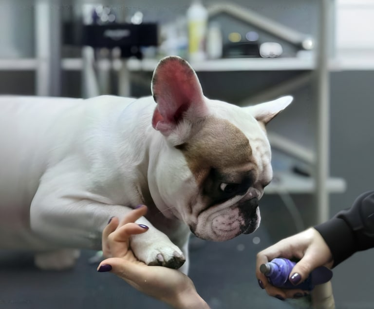 Бульдог уважно вивчає фіолетовий гріндер