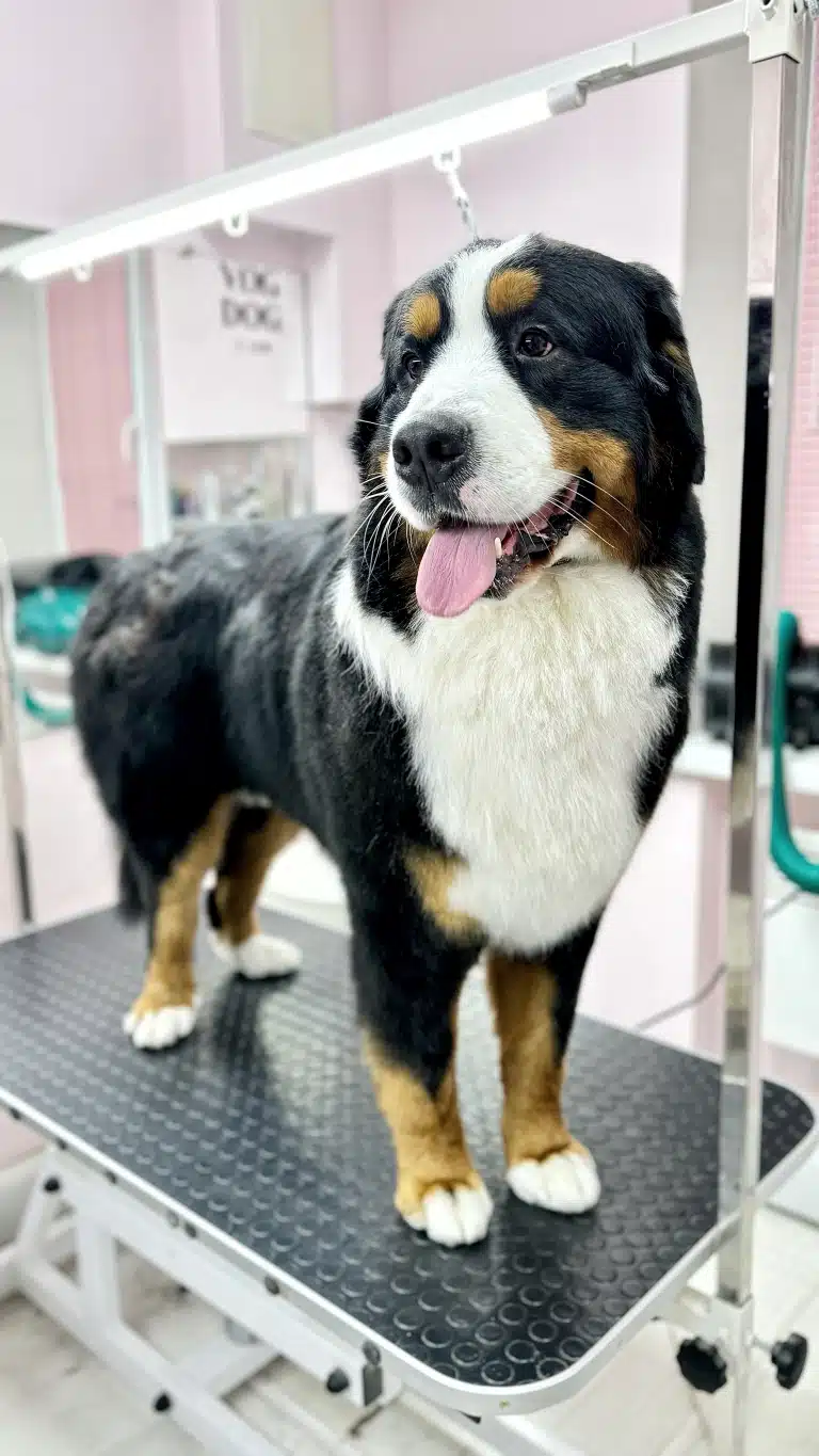 Бернський зенненхунд очікує на ласощі на грумерському столі