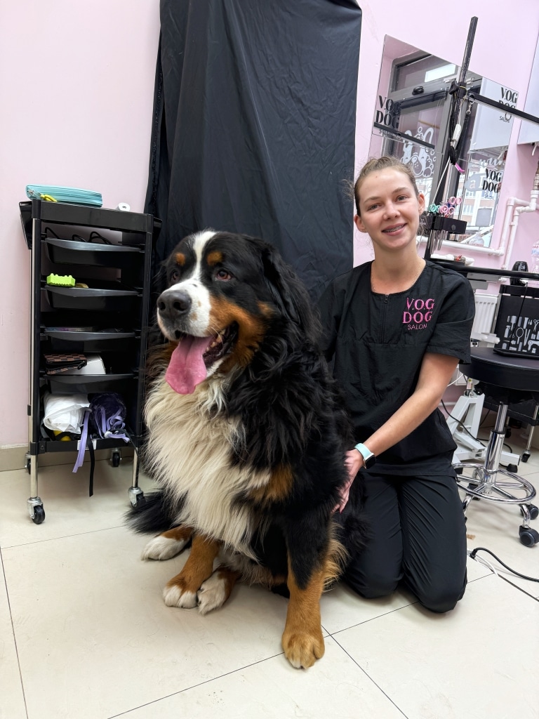 Грумер V.O.G DOG SALON позує з бернським зенненхундом після грумінгу