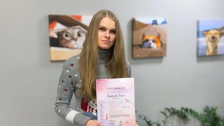 Дівчина в новорічному светрі тримає перед собою рожевий сертифікат, що свідчить про закінчення курсів грумінгу