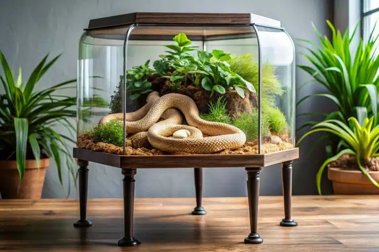 Світла змія в тераріумі з соковитою зеленню