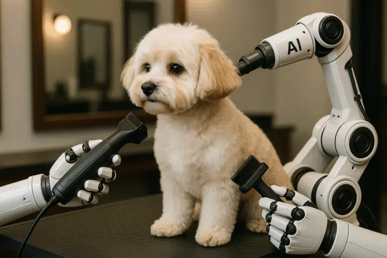 Навколо кремового мальтіпу роботи працюють над ідеальною стрижкою шерсті