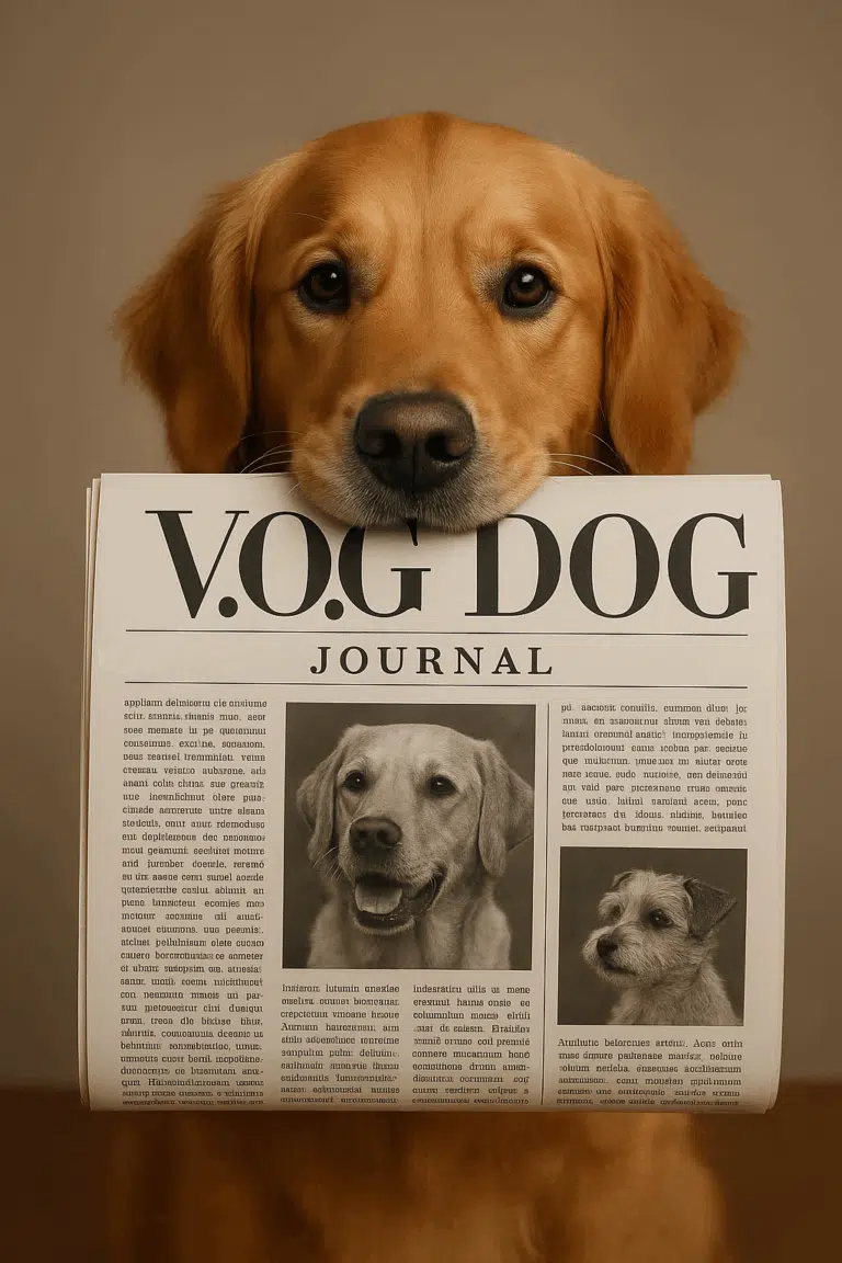 Золотистий ретривер тримає в зубах газету про тварин з фотографіями