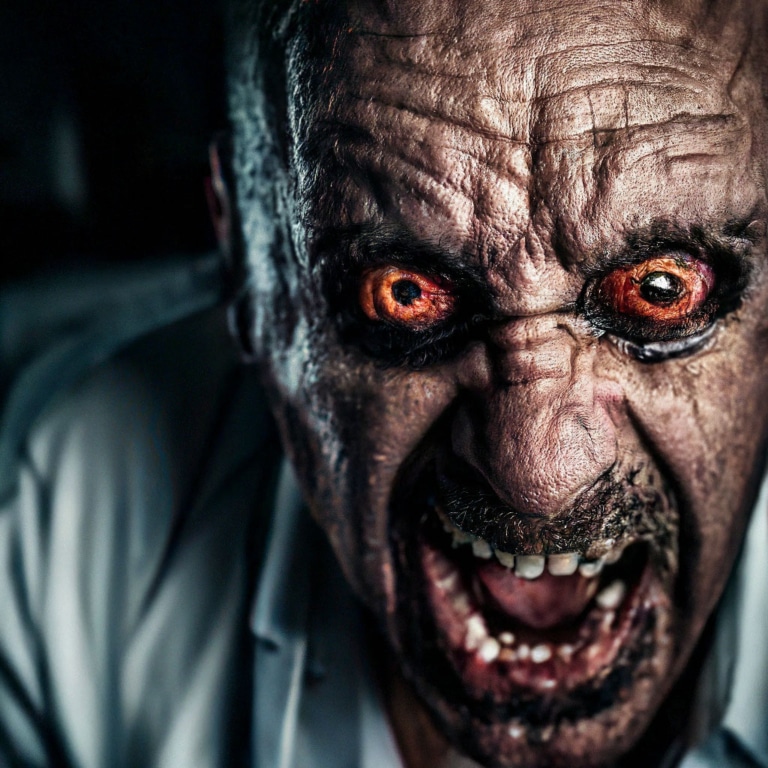 Грим на обличчі чоловіка, який зображує червоні бежевільні очі