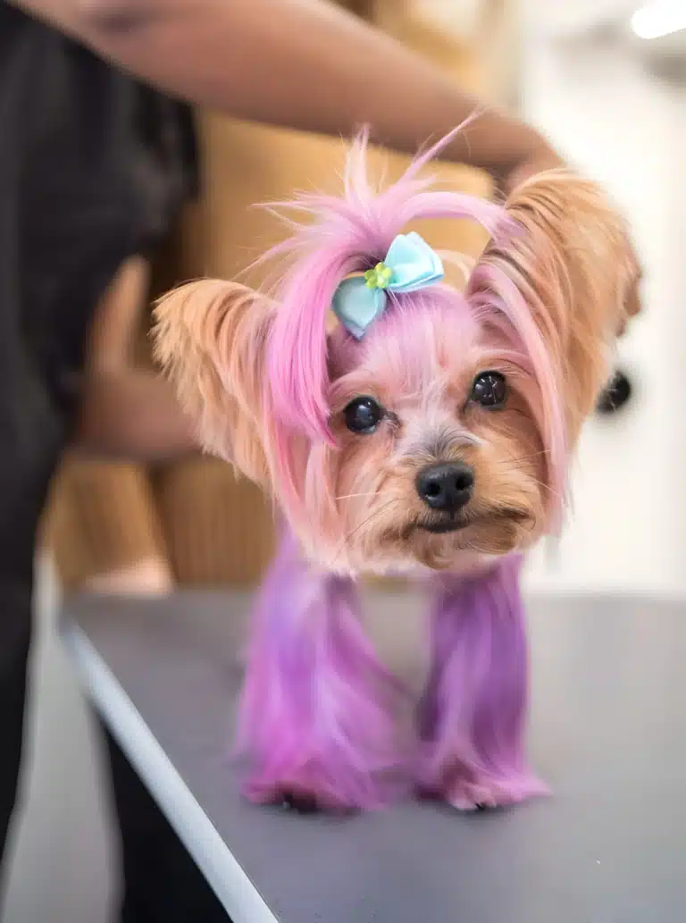 На столі стоїть йорк з блакитним бантиком та фіолетовою пофарбованою шерстю на топ кноті та лапках