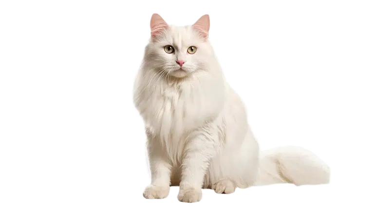 Білий довгошерстий кіт має бежеві, майже білі очі