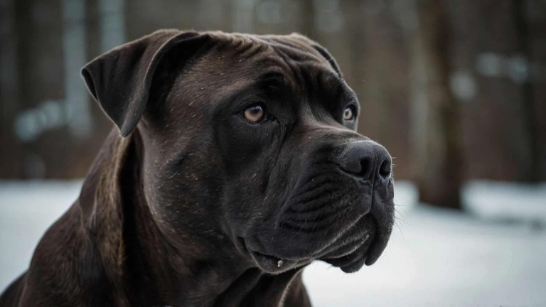 Кане корсо серед снігу у лісі з голими деревами