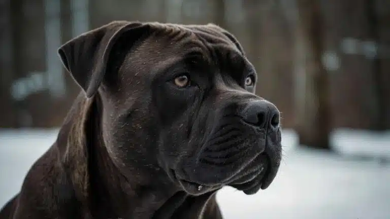 Кане корсо серед снігу у лісі з голими деревами