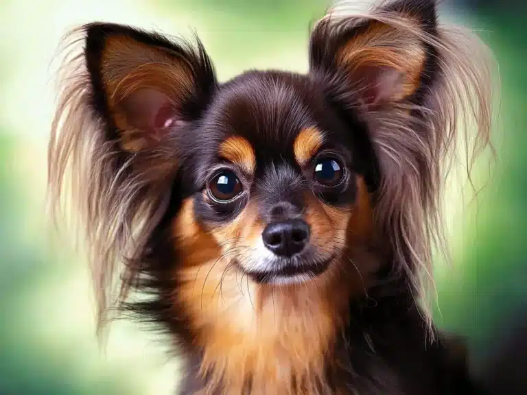 Маленький той-тер'єр з довгою шерстю на вушках має руді брови над очима