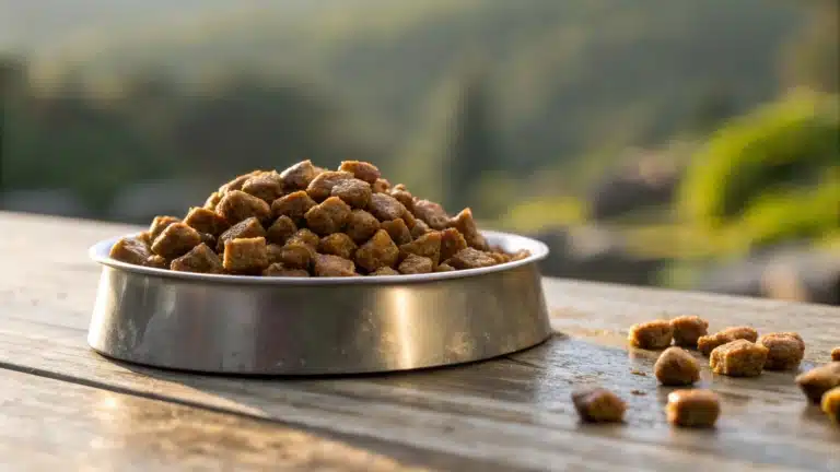 Залізна миска, повна сухого корму, стоїть на дерев'яній поверхні