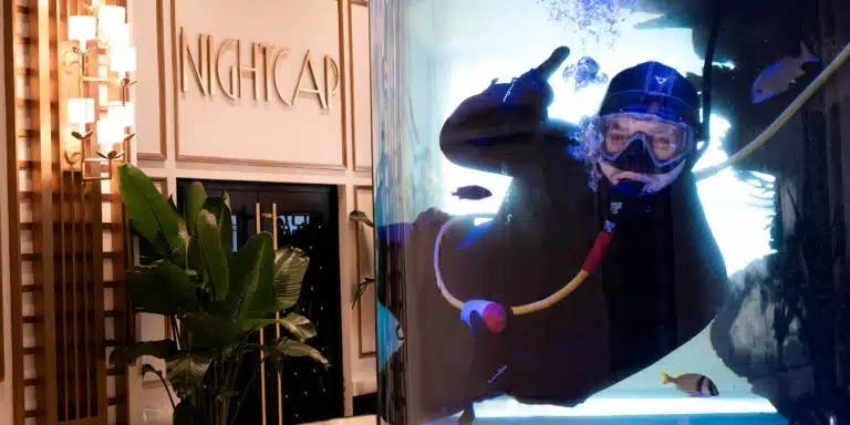 Розкішний вхід у заклад з теплим світлом ліворуч та темний акваріум з аквалангістом праворуч