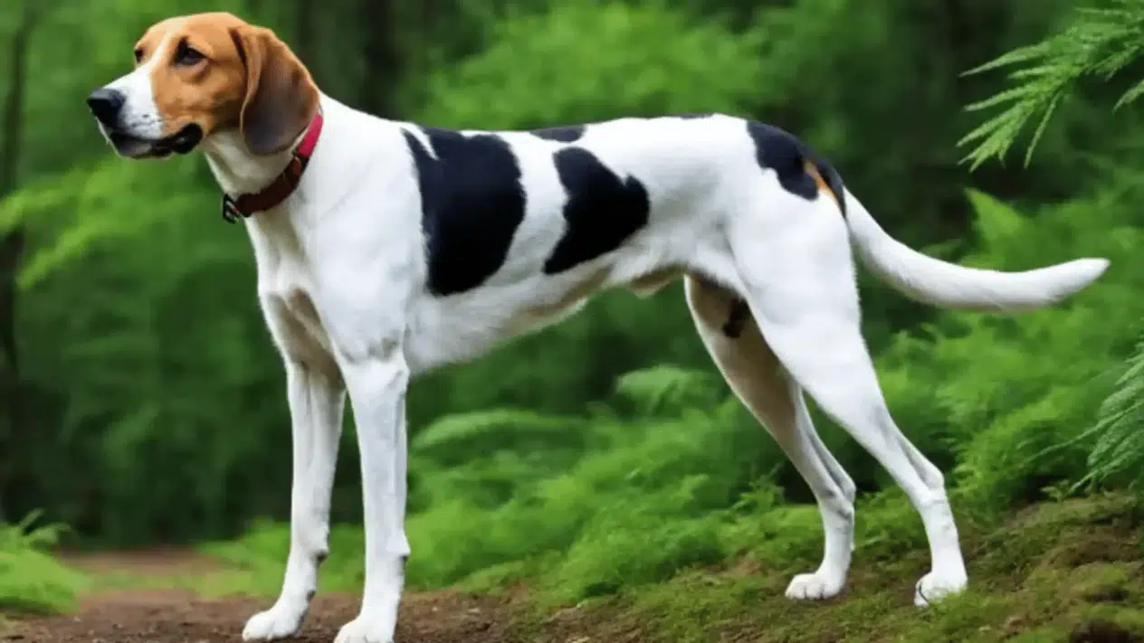 Американський фоксхаунд в червоному нашийнику стоїть серед папороті