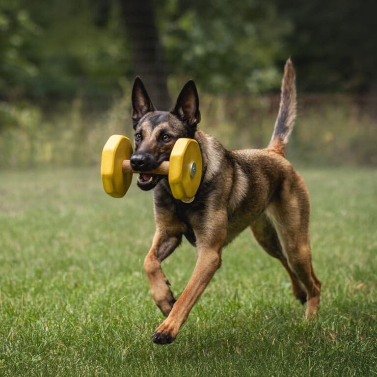 Малінуа несе жовту дерев'яну гантель у зубах
