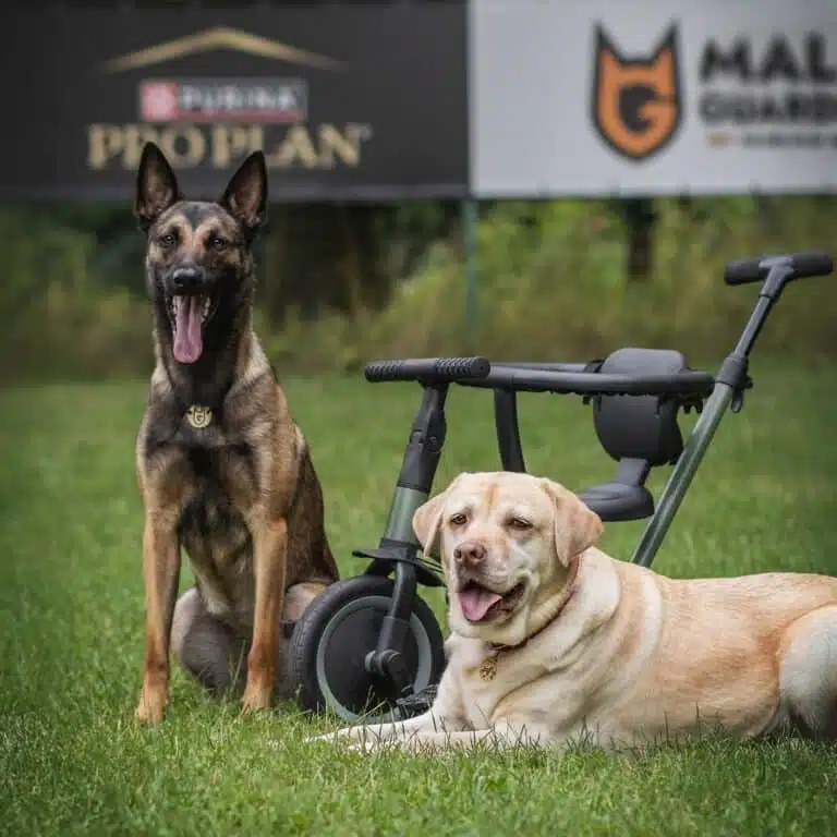 Малінуа сидить, а лабрадор лежить поруч з дитячим велосипедом