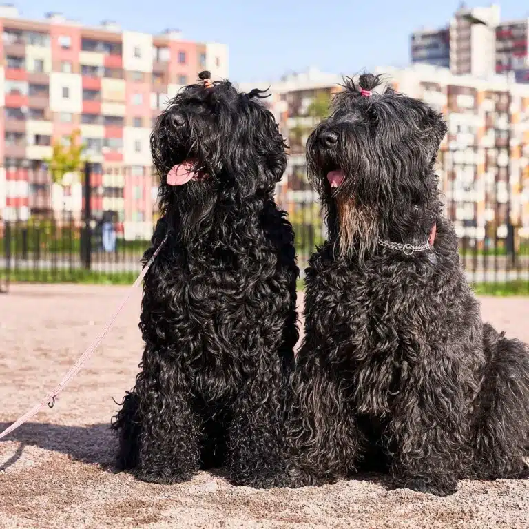 Біля огорожі житлового комплексу сидять два чорних тер'єра