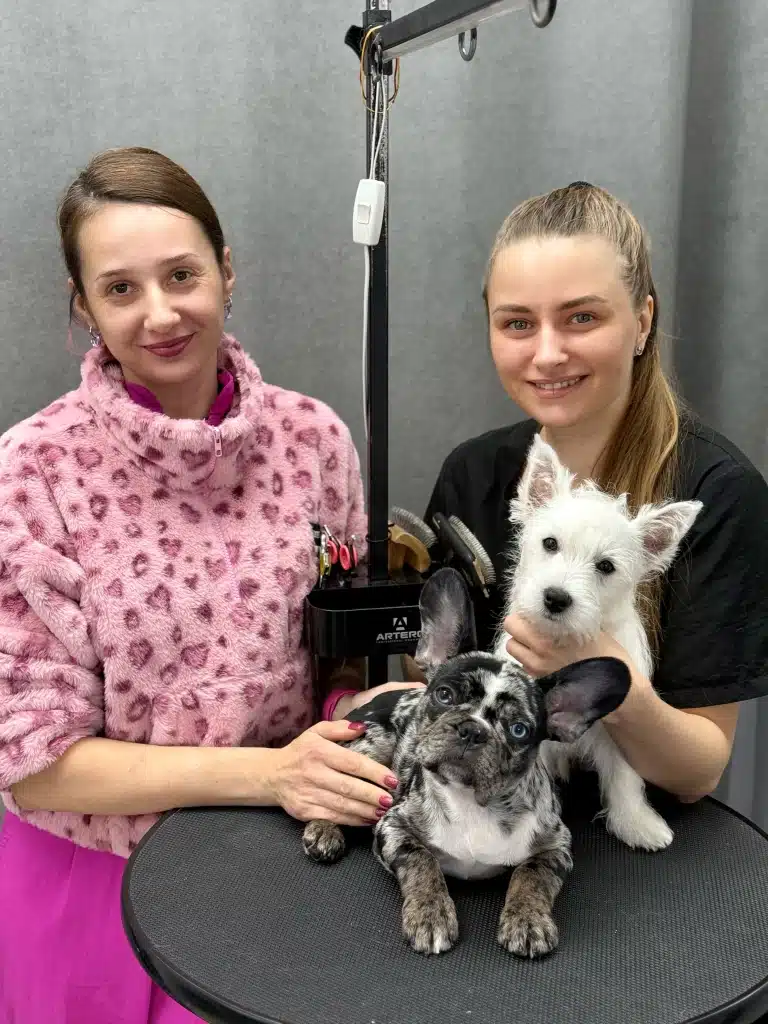 Дві дівчини стоять біля круглого столика, на якому знаходяться цуценята різних порід